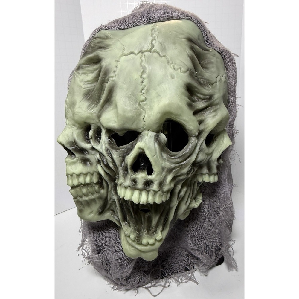 Triple Face Skull Mask with Grey Gauze Hood Halloween Horror Costume Accessory
